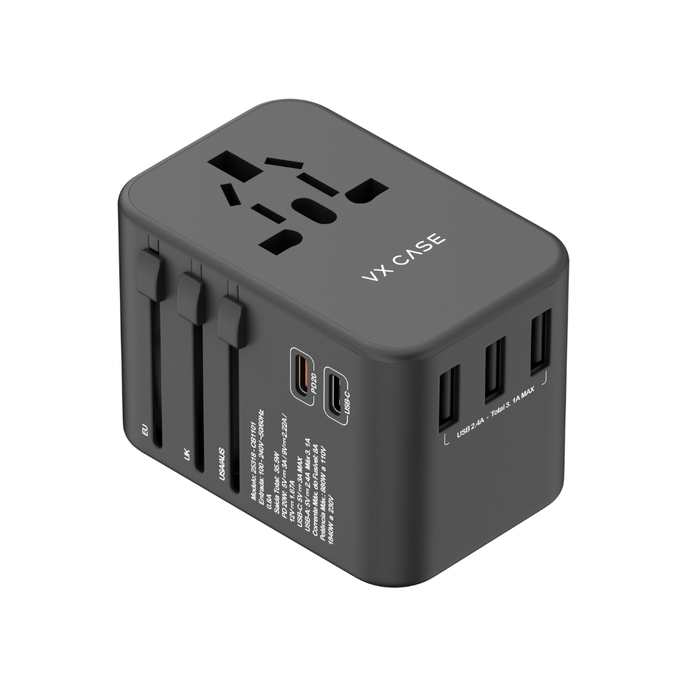 Adaptador Universal de tomadas VX Case com 3 USBs e 2 Type-C - VX Case